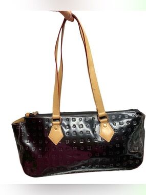 Arcadia Made In Italy Black Patent Shoulder Bag with Tan Straps